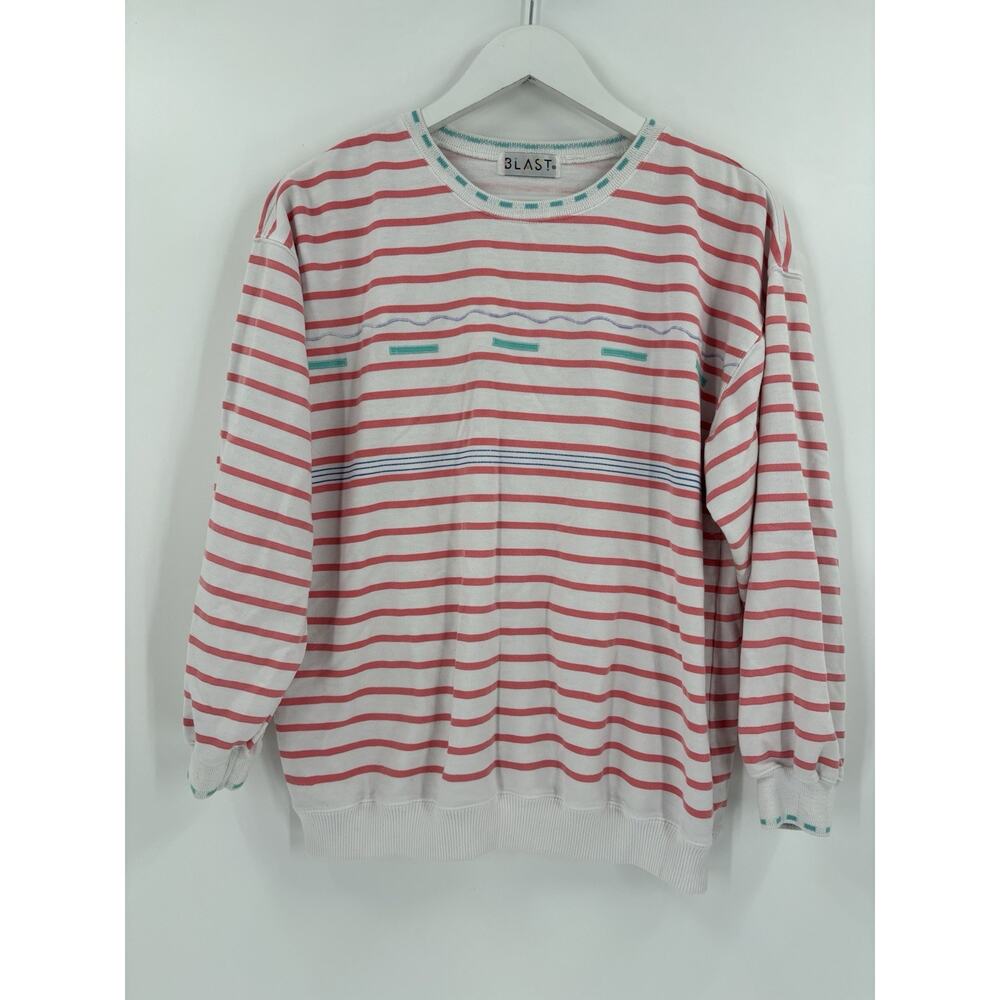 Vintage Blast Shirt Womens Medium Pink White Striped 90s Pullover Long Sleeves